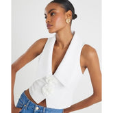 White Sleeveless Collared Corsage Top
