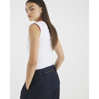 White Sleeveless Cowl Neck Drape Tank Top