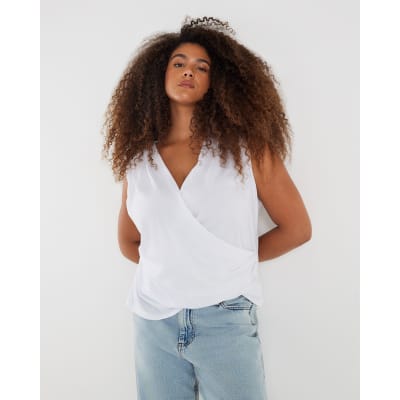 White Sleeveless Cowl Neck Drape Tank Top