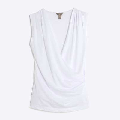 White Sleeveless Cowl Neck Drape Tank Top