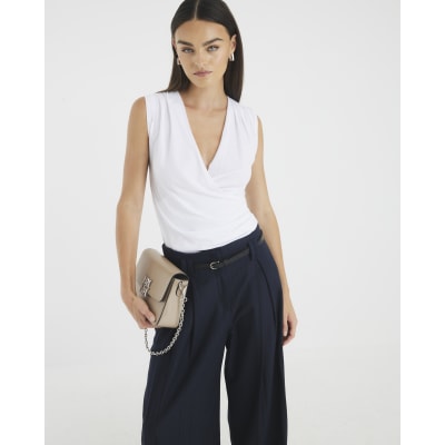 White Sleeveless Cowl Neck Drape Tank Top