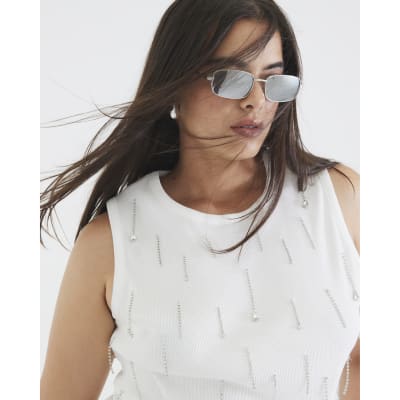 White Sleeveless Diamante Ribbed Tank Top