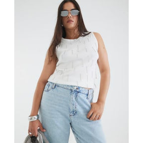 White Sleeveless Diamante Ribbed Tank Top