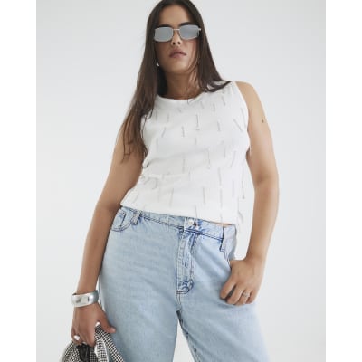 White Sleeveless Diamante Ribbed Tank Top