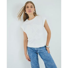 White Sleeveless Embossed Sweatshirt Top