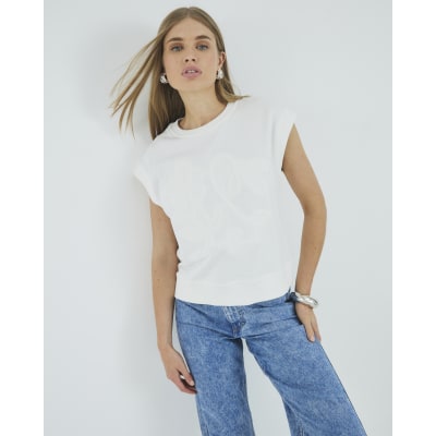 White Sleeveless Embossed Sweatshirt Top