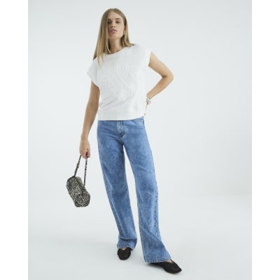 White Sleeveless Embossed Sweatshirt Top