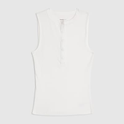White Sleeveless Ribbed Popper Top