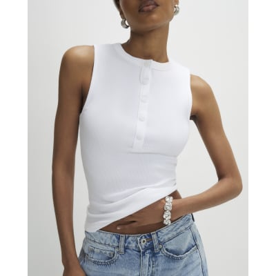 White Sleeveless Ribbed Popper Top