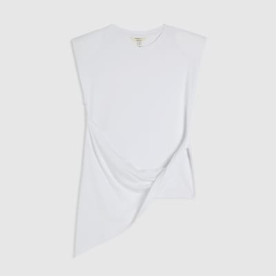 White Sleeveless Twist Front Shoulder Pad Top