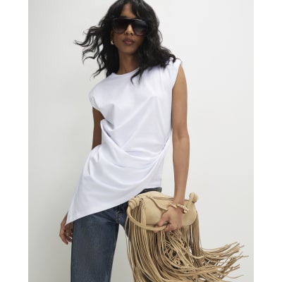 White Sleeveless Twist Front Shoulder Pad Top