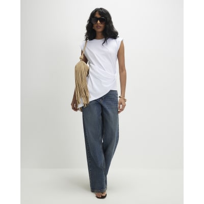 White Sleeveless Twist Front Shoulder Pad Top