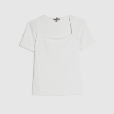 White Square Neck Fitted T-shirt