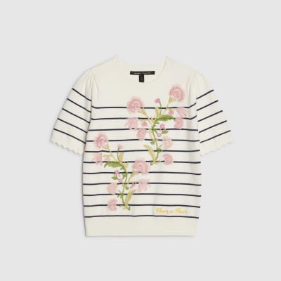 White Stripe Floral Embroidered Knit T-Shirt