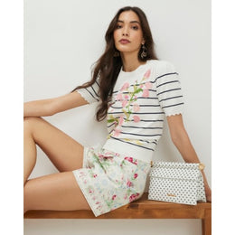 White Stripe Floral Embroidered Knit T-Shirt