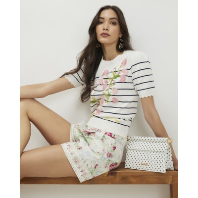 White Stripe Floral Embroidered Knit T-Shirt