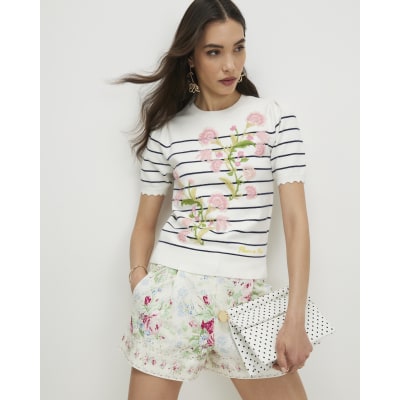 White Stripe Floral Embroidered Knit T-Shirt