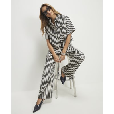 White Striped Drawstring Wide Leg Jeans