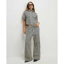White Striped Drawstring Wide Leg Jeans