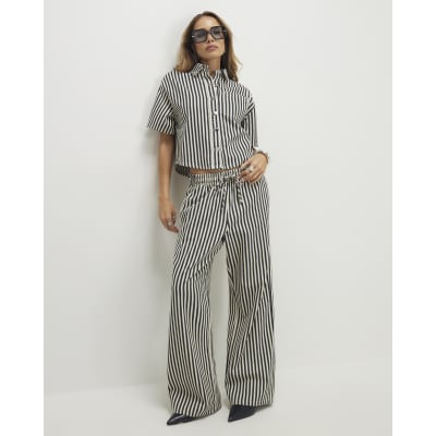 White Striped Drawstring Wide Leg Jeans