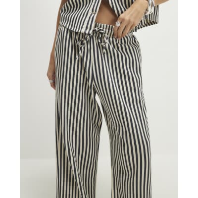 White Striped Drawstring Wide Leg Jeans