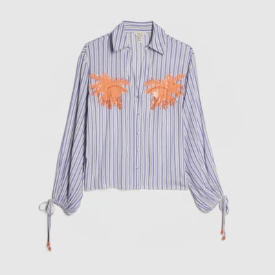 White Striped Embellished Palm Beach Shirt