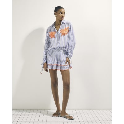 White Striped Embellished Palm Beach Shirt