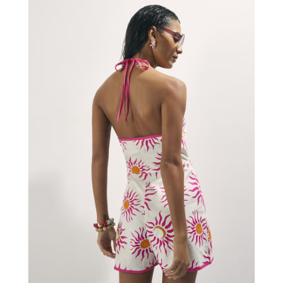 White Sun Print Halter Neck Playsuit
