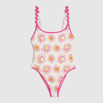White Sun Print Textured Swimsuit
