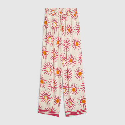 White Sun Print Wide Leg Beach Trousers