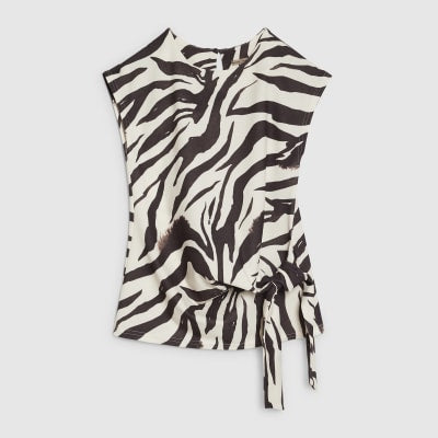 White Zebra Print Tie Side Top