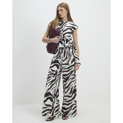 White Zebra Print Wide Leg Trousers