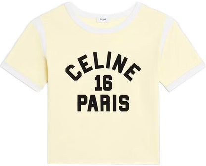 CELINE Yellow Logo Print Crewneck Short Sleeve T-Shirt