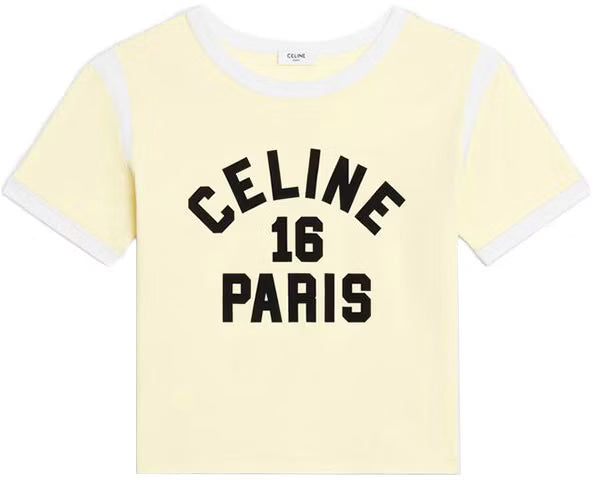 CELINE Yellow Logo Print Crewneck Short Sleeve T-Shirt