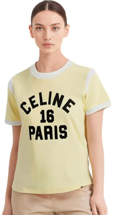 CELINE Yellow Logo Print Crewneck Short Sleeve T-Shirt