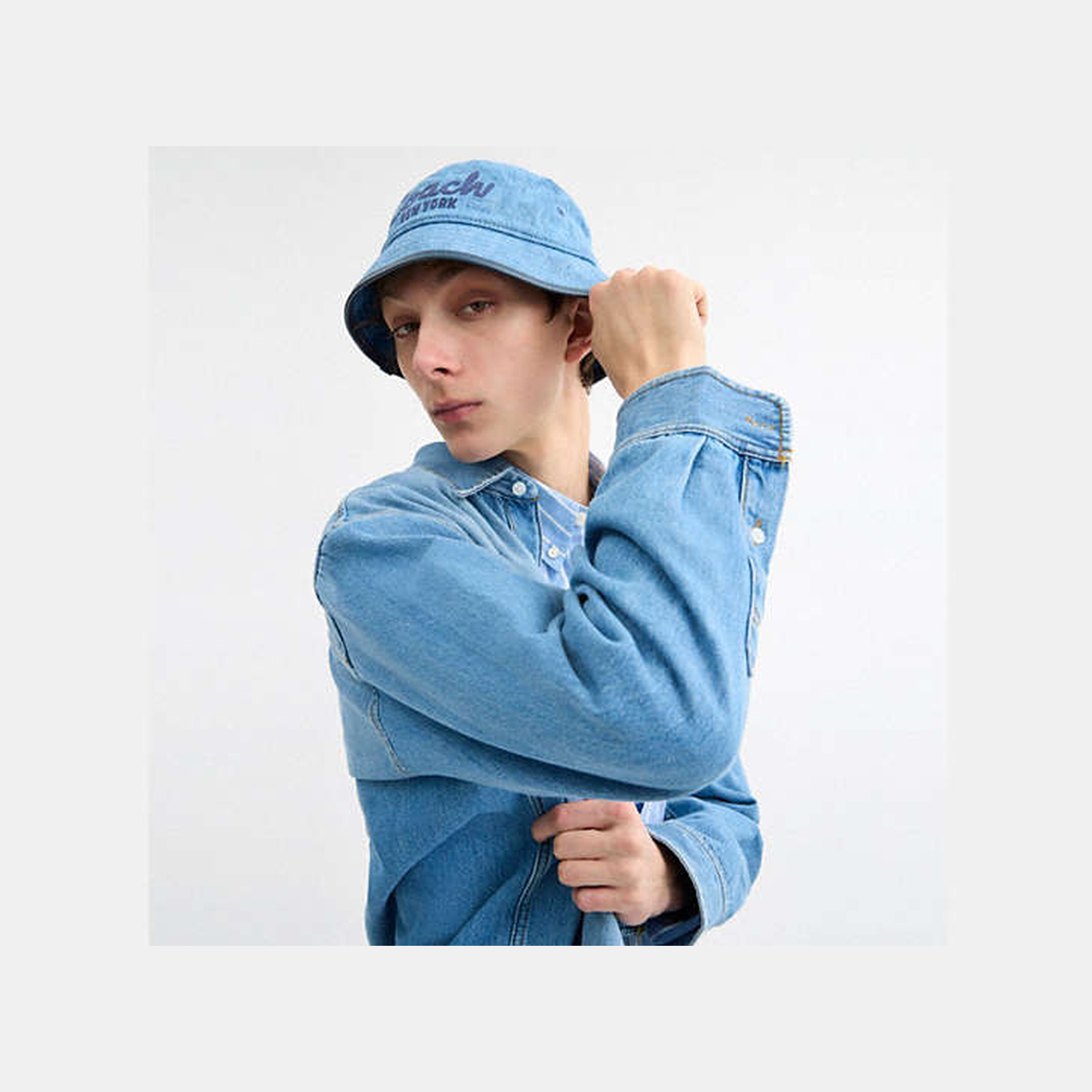 Coach Script Embroidered Denim Bucket Hat