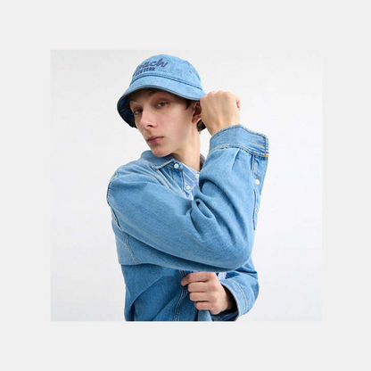 Coach Script Embroidered Denim Bucket Hat