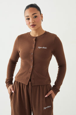 DSGN Studio Ribbed Script Embroidery Button Through Long Sleeve Top