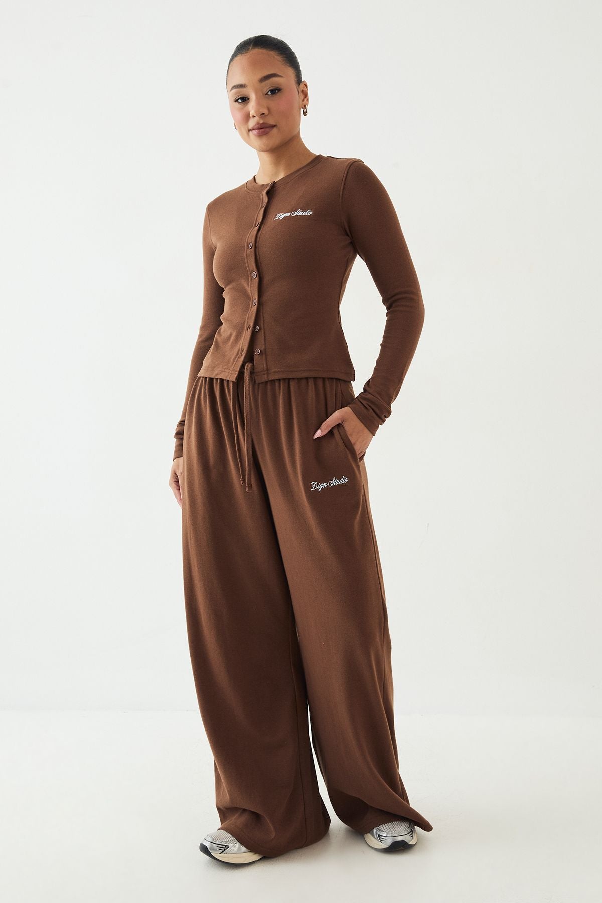 DSGN Studio Ribbed Script Embroidery Button Through Long Sleeve Top