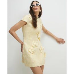 Yellow 3D Flower Boucle Mini Dress
