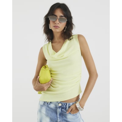 Yellow Cowl Neck Sleeveless Top