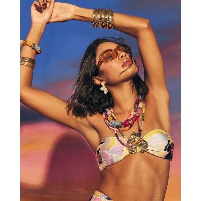 Yellow Floral Bandeau Hardware Bikini Top