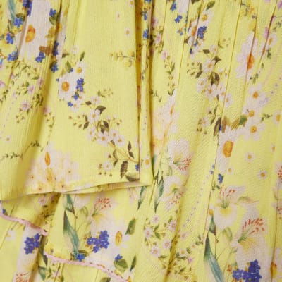Yellow Floral Print Tie Top And Skirt Set