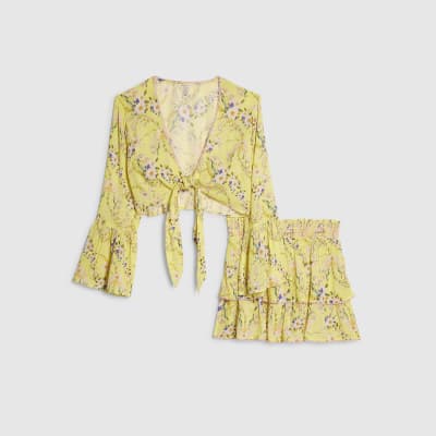 Yellow Floral Print Tie Top And Skirt Set