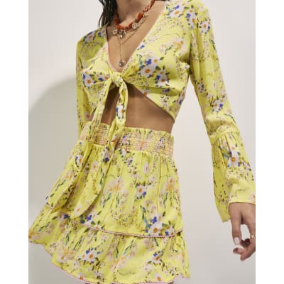 Yellow Floral Print Tie Top And Skirt Set