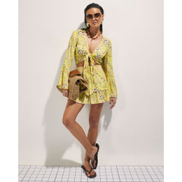 Yellow Floral Print Tie Top And Skirt Set