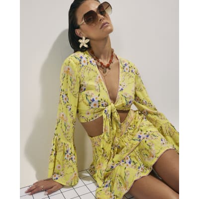 Yellow Floral Print Tie Top And Skirt Set
