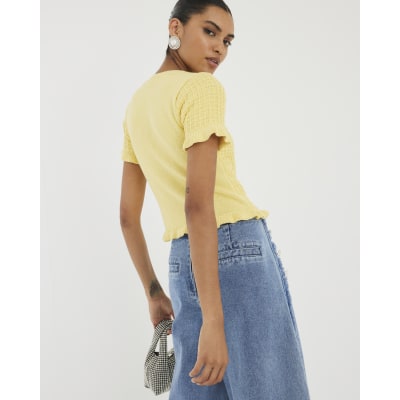 Yellow Knit Frill Trim Short Sleeve Cardigan