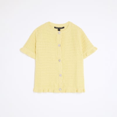 Yellow Knit Frill Trim Short Sleeve Cardigan