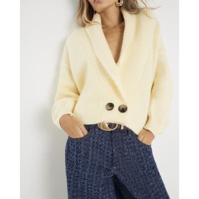 Yellow Knitted Shawl Collar Cardigan